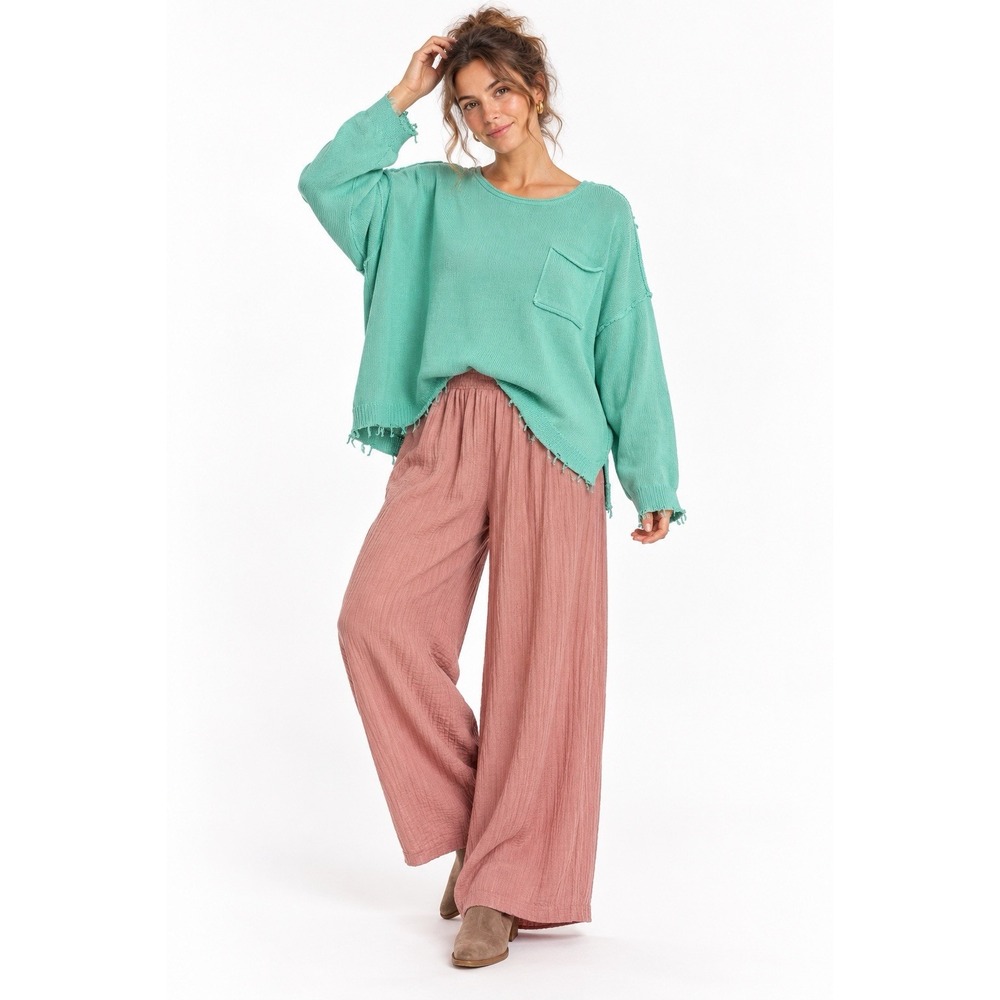 Easel Sweater Womens Large Mint Green Oversized Distressed Pocket Boho NWT